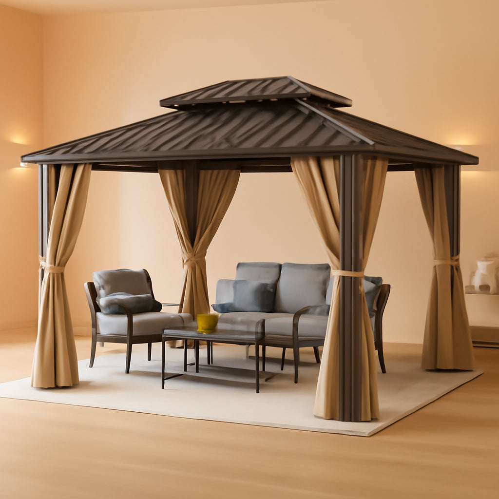 Gazebo with curtains and outdoor furniture on a beige floor